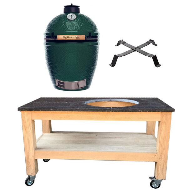 Eiken werktafel natuursteen + Big Green Egg Large + tafelnest