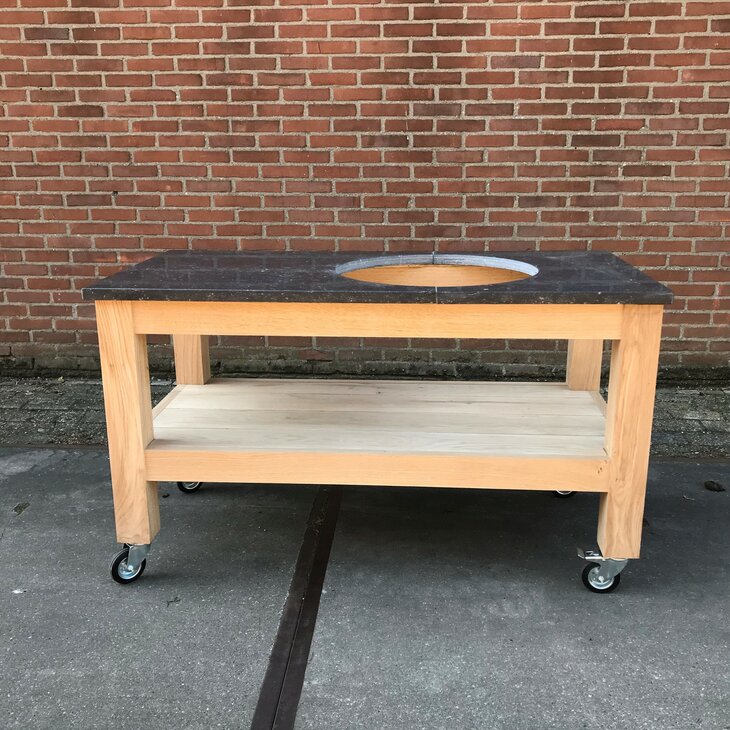 Eiken werktafel natuursteen + Big Green Egg Large + tafelnest