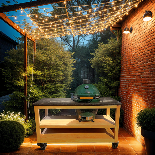 Eiken werktafel natuursteen + Big Green Egg Large + tafelnest